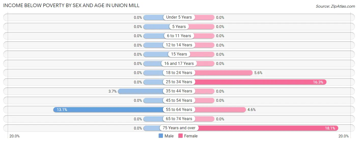 Income Below Poverty by Sex and Age in Union Mill