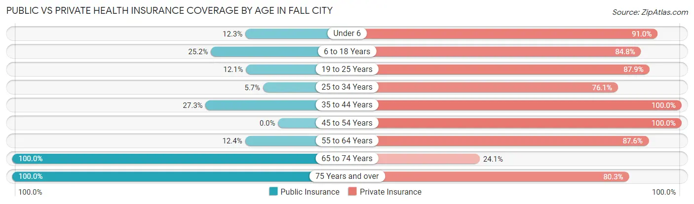 Public vs Private Health Insurance Coverage by Age in Fall City