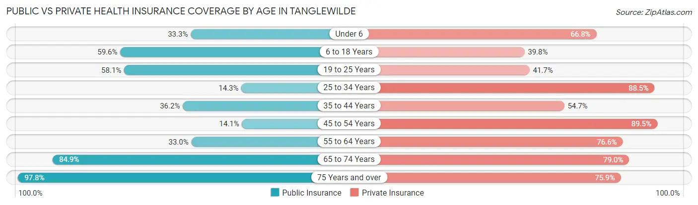 Public vs Private Health Insurance Coverage by Age in Tanglewilde