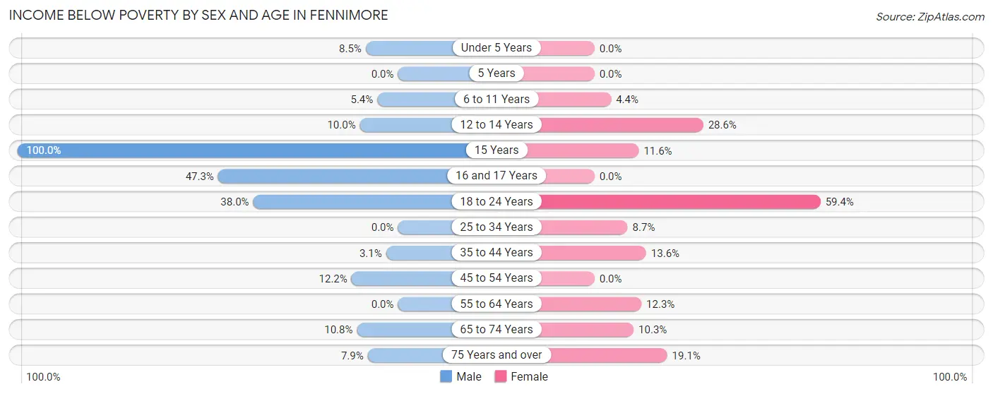 Income Below Poverty by Sex and Age in Fennimore