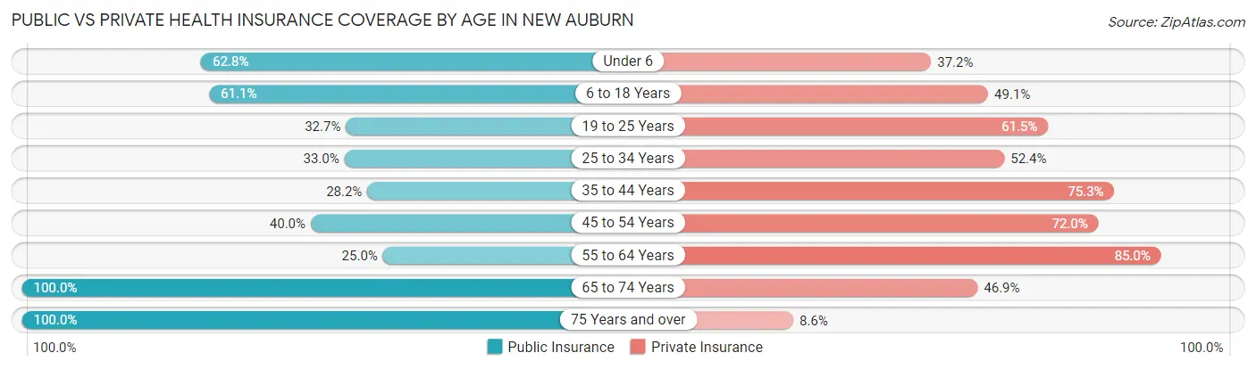 Public vs Private Health Insurance Coverage by Age in New Auburn