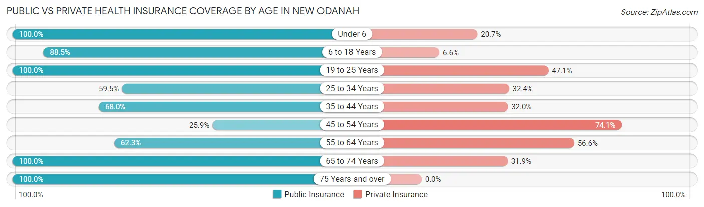 Public vs Private Health Insurance Coverage by Age in New Odanah