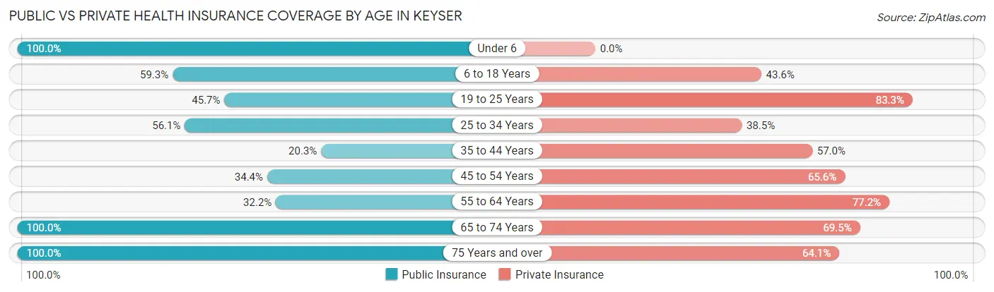 Public vs Private Health Insurance Coverage by Age in Keyser