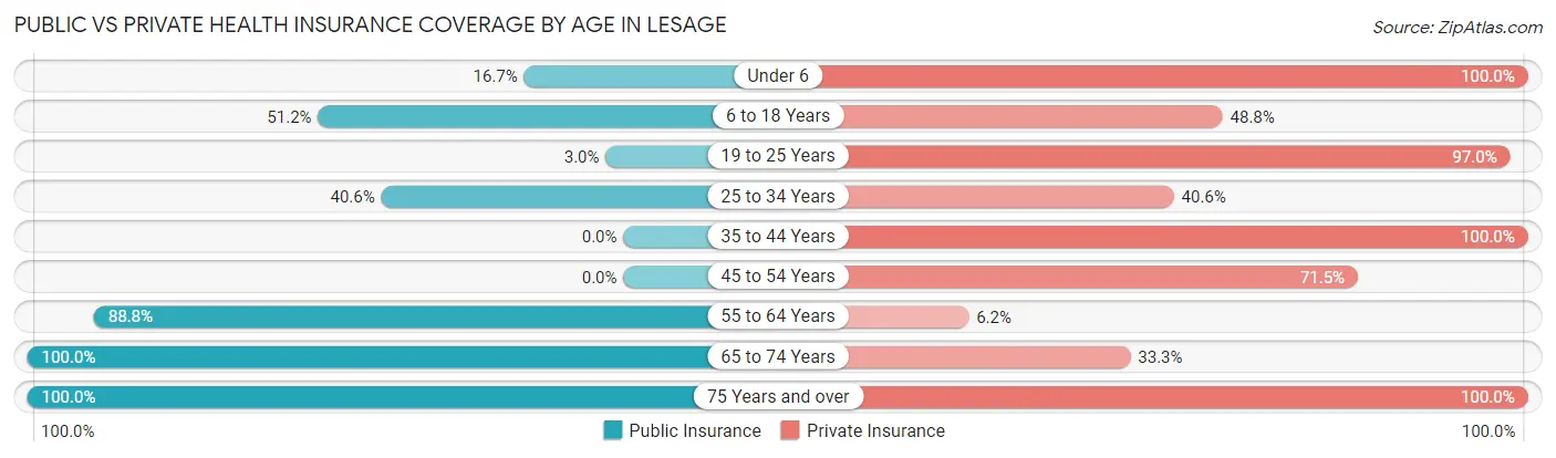 Public vs Private Health Insurance Coverage by Age in Lesage