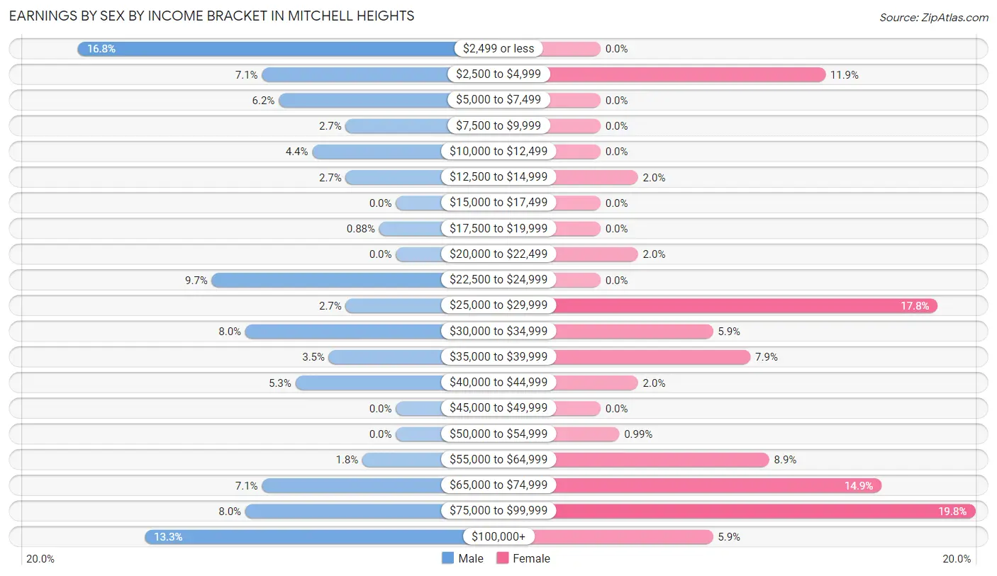 Earnings by Sex by Income Bracket in Mitchell Heights