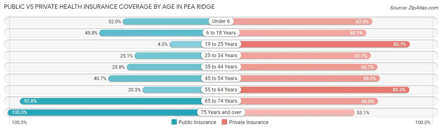 Public vs Private Health Insurance Coverage by Age in Pea Ridge