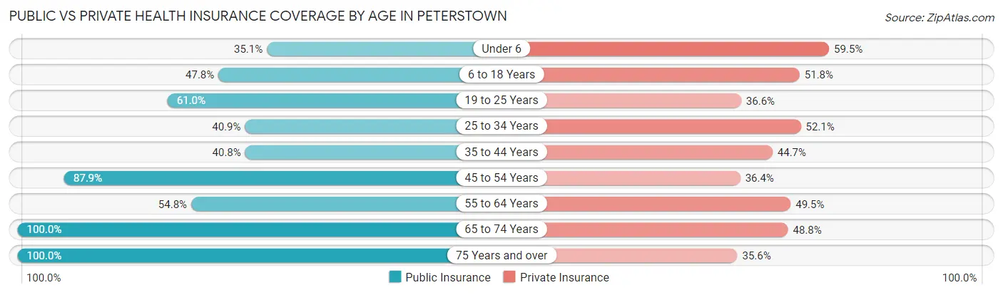 Public vs Private Health Insurance Coverage by Age in Peterstown