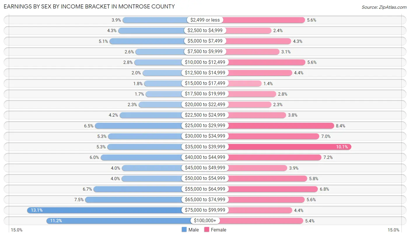 Earnings by Sex by Income Bracket in Montrose County