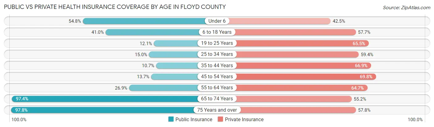 Public vs Private Health Insurance Coverage by Age in Floyd County