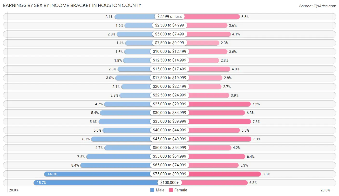 Earnings by Sex by Income Bracket in Houston County