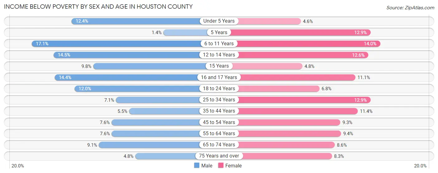 Income Below Poverty by Sex and Age in Houston County