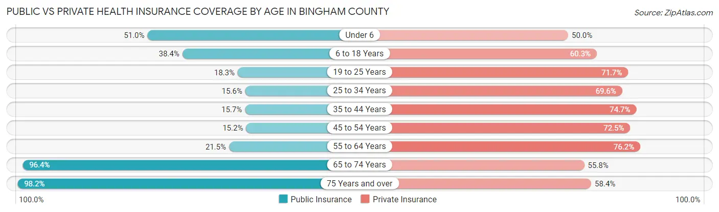 Public vs Private Health Insurance Coverage by Age in Bingham County