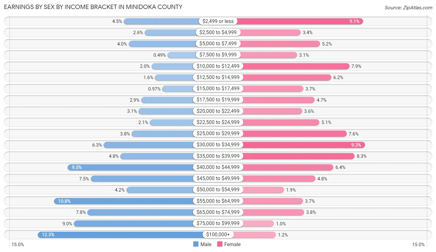 Earnings by Sex by Income Bracket in Minidoka County