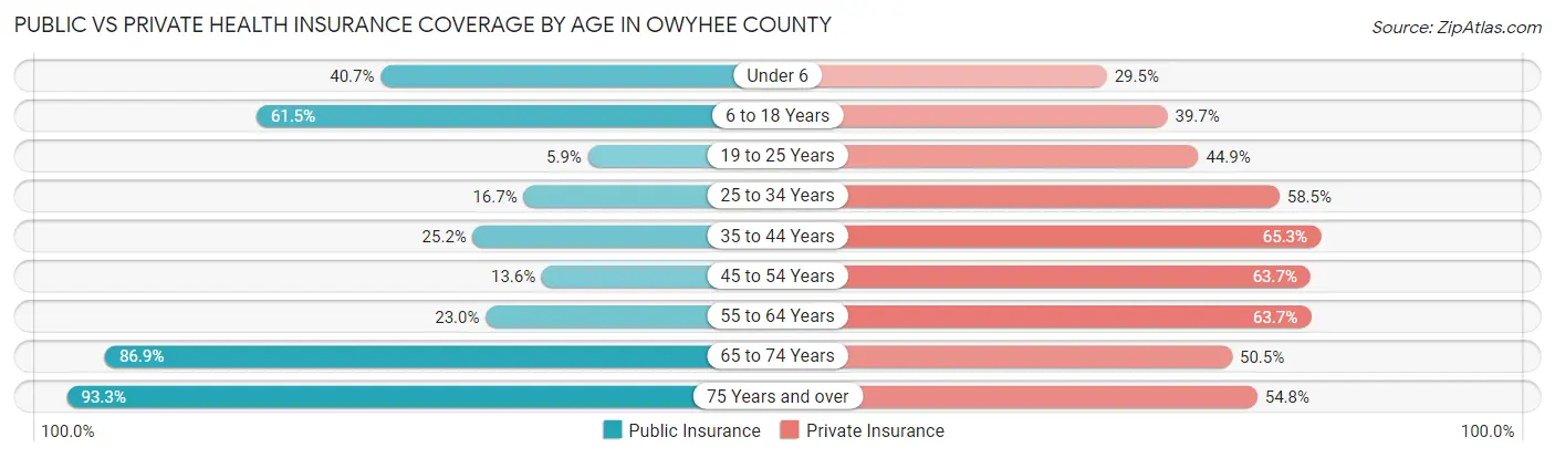 Public vs Private Health Insurance Coverage by Age in Owyhee County