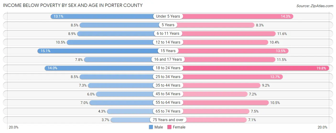Income Below Poverty by Sex and Age in Porter County