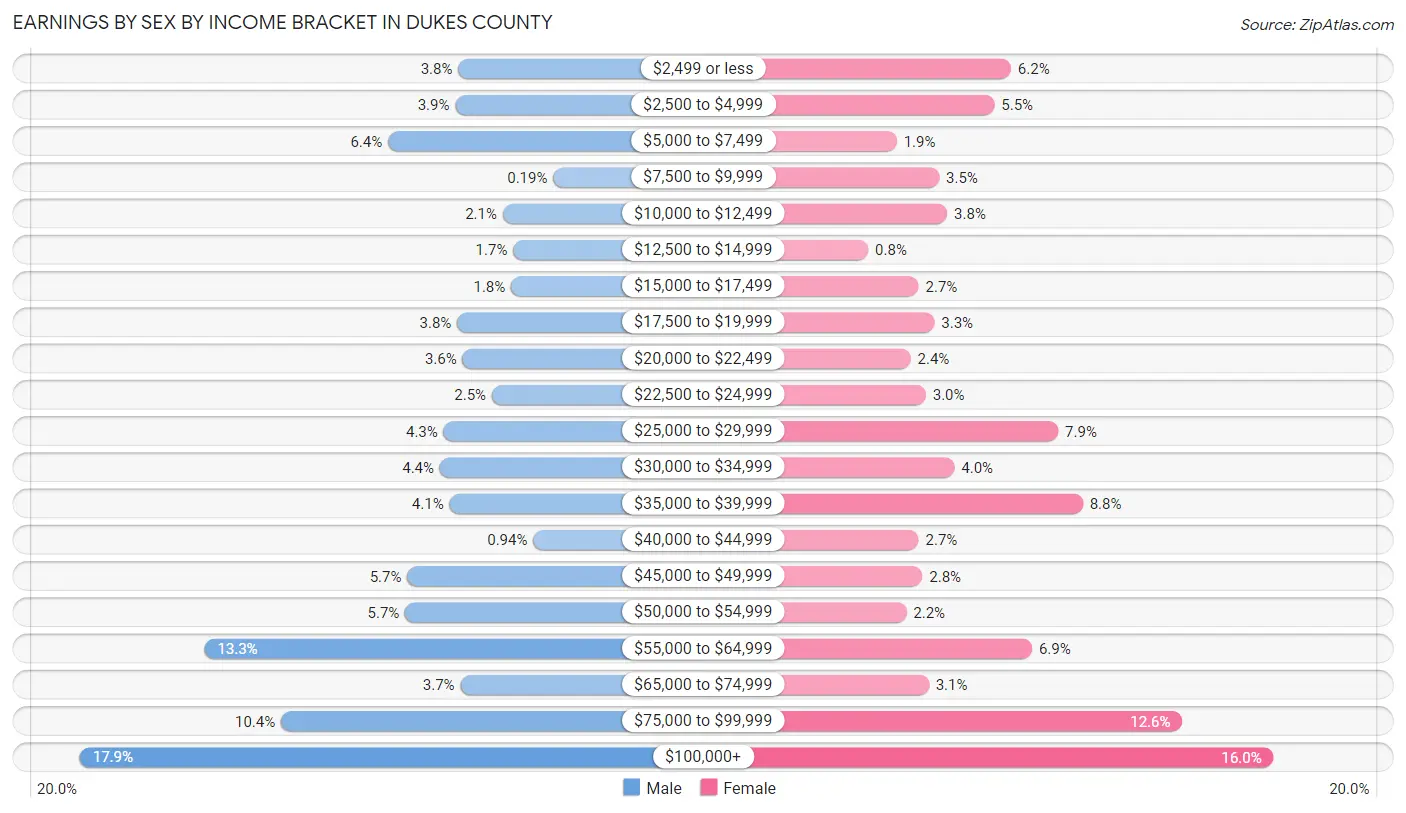 Earnings by Sex by Income Bracket in Dukes County