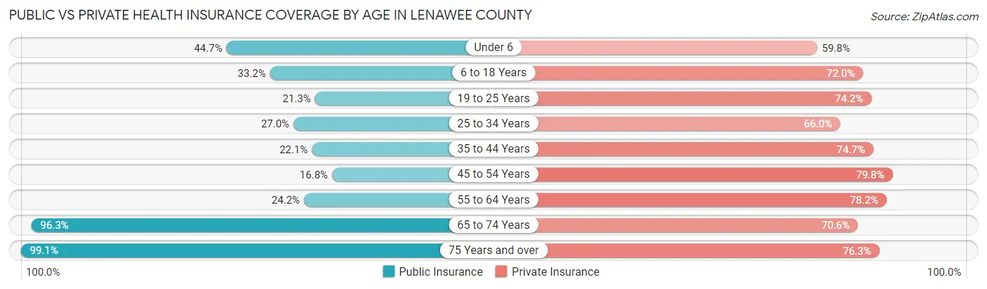 Public vs Private Health Insurance Coverage by Age in Lenawee County