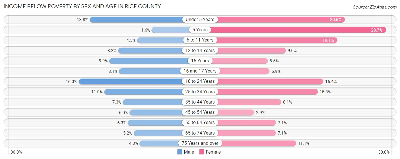 Income Below Poverty by Sex and Age in Rice County