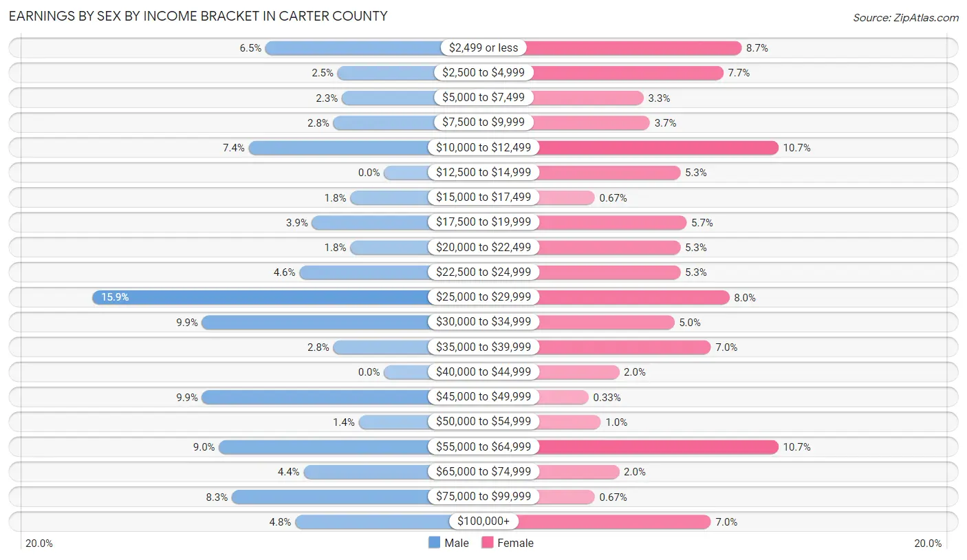 Earnings by Sex by Income Bracket in Carter County