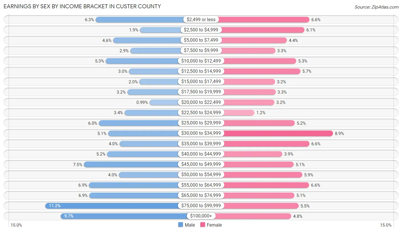 Earnings by Sex by Income Bracket in Custer County