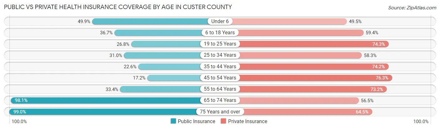 Public vs Private Health Insurance Coverage by Age in Custer County