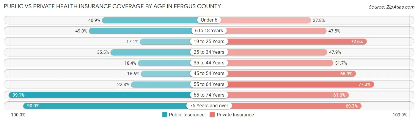 Public vs Private Health Insurance Coverage by Age in Fergus County
