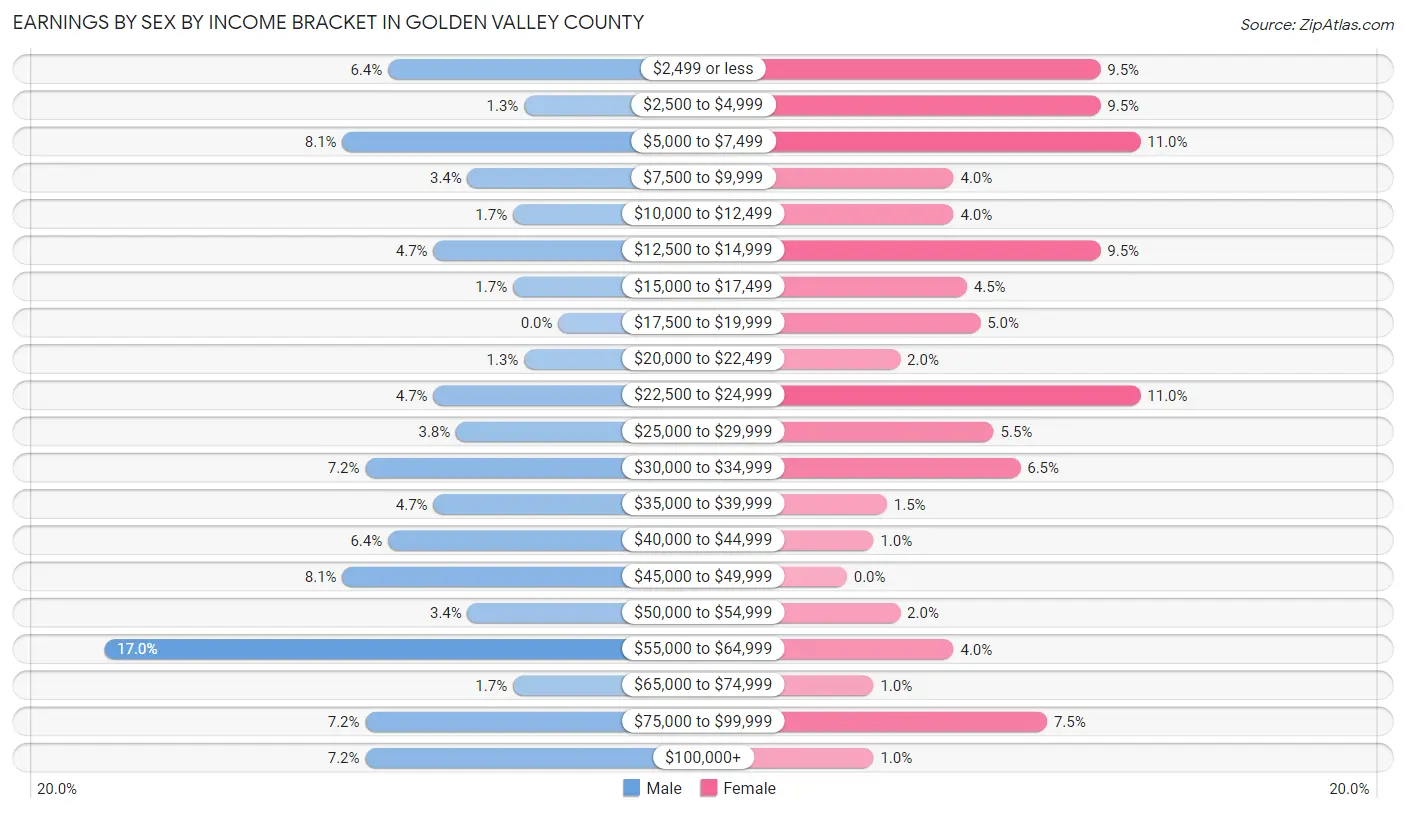 Earnings by Sex by Income Bracket in Golden Valley County
