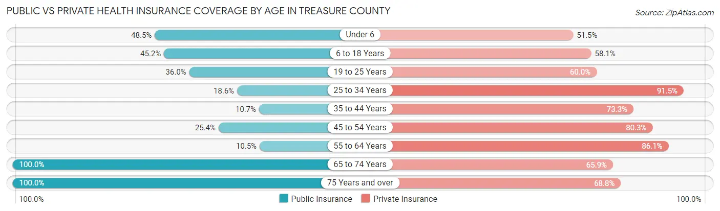 Public vs Private Health Insurance Coverage by Age in Treasure County