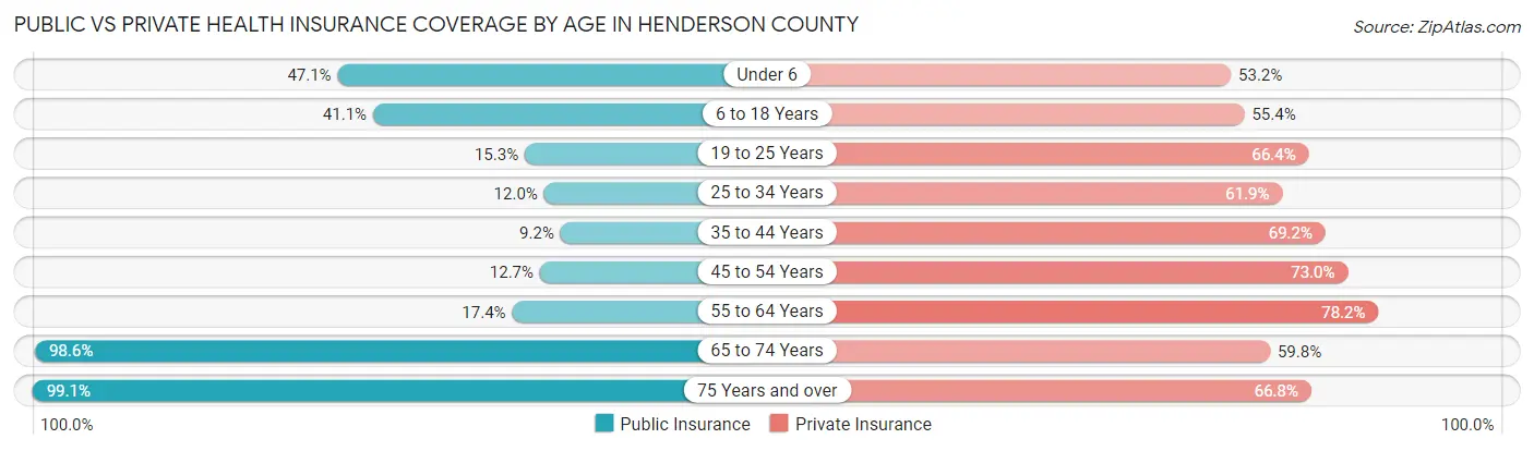Public vs Private Health Insurance Coverage by Age in Henderson County