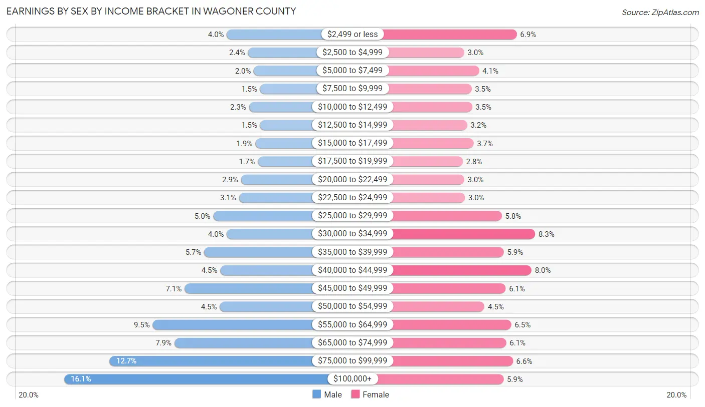 Earnings by Sex by Income Bracket in Wagoner County