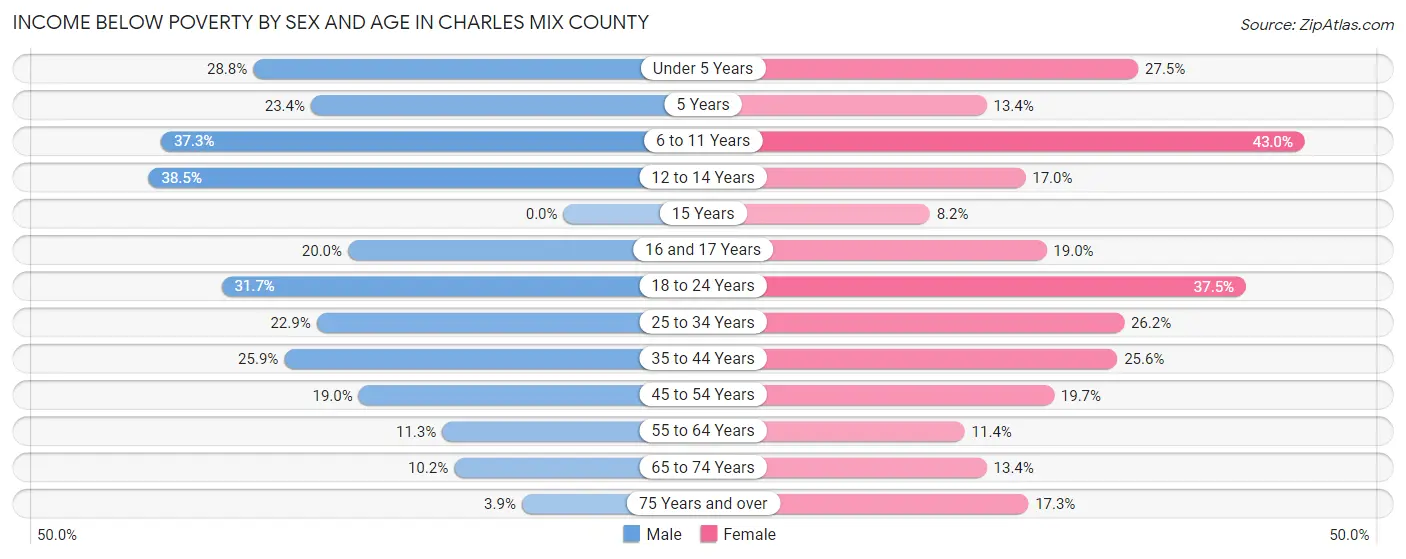Income Below Poverty by Sex and Age in Charles Mix County
