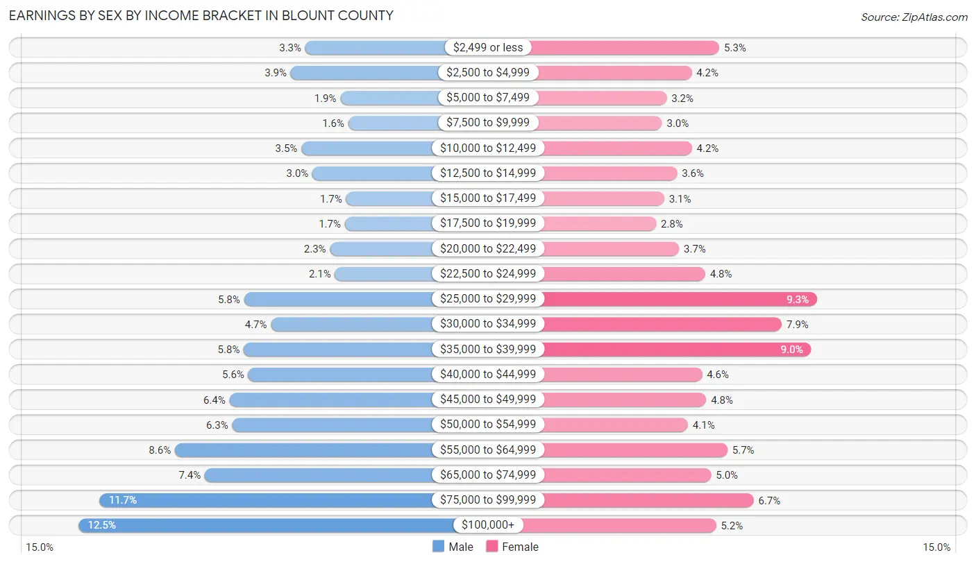 Earnings by Sex by Income Bracket in Blount County