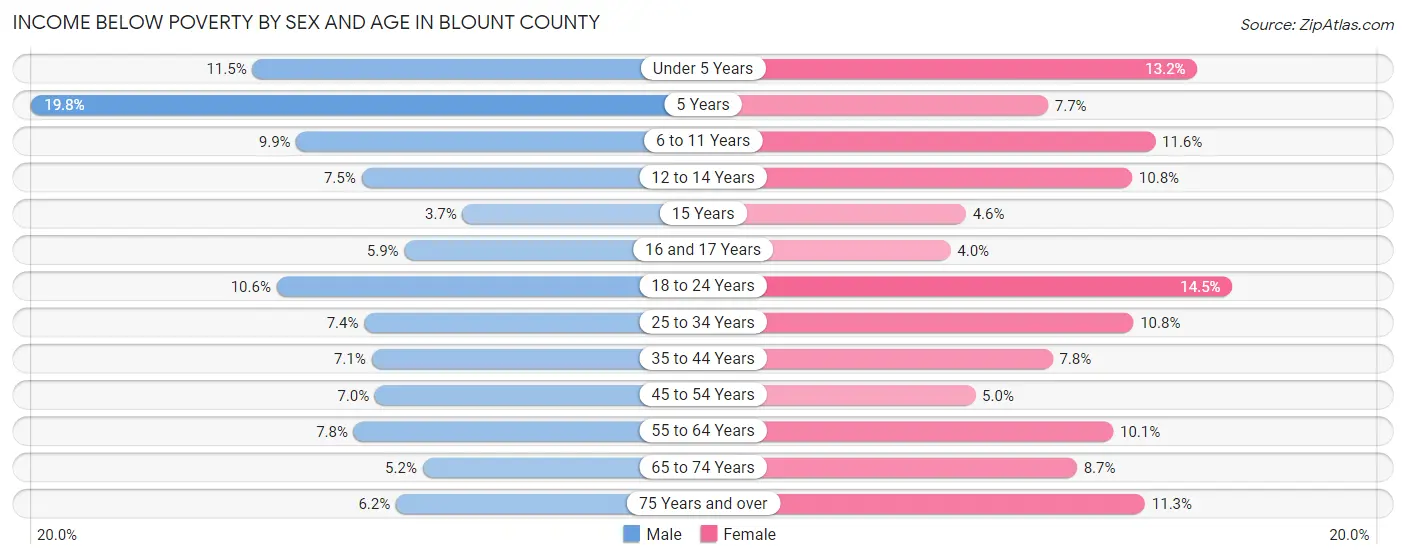 Income Below Poverty by Sex and Age in Blount County