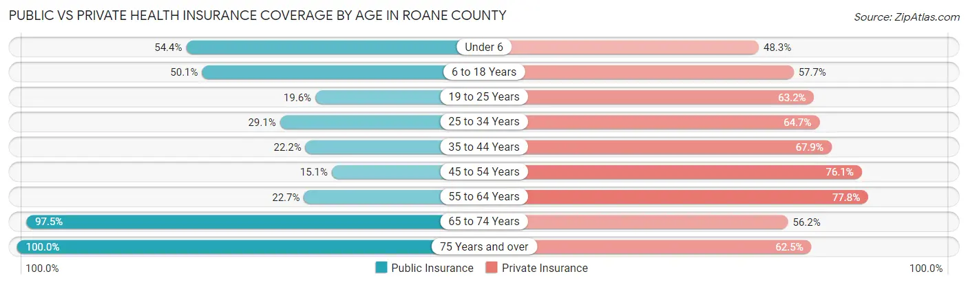 Public vs Private Health Insurance Coverage by Age in Roane County