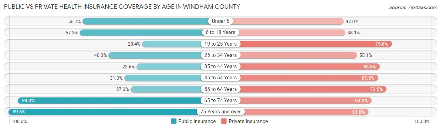 Public vs Private Health Insurance Coverage by Age in Windham County