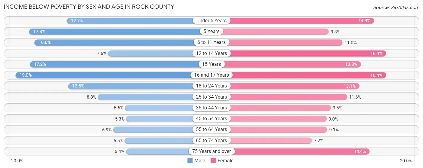 Income Below Poverty by Sex and Age in Rock County
