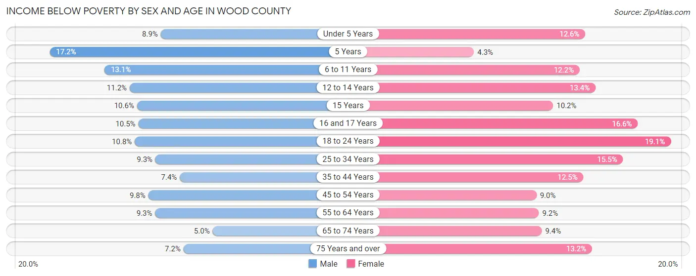 Income Below Poverty by Sex and Age in Wood County
