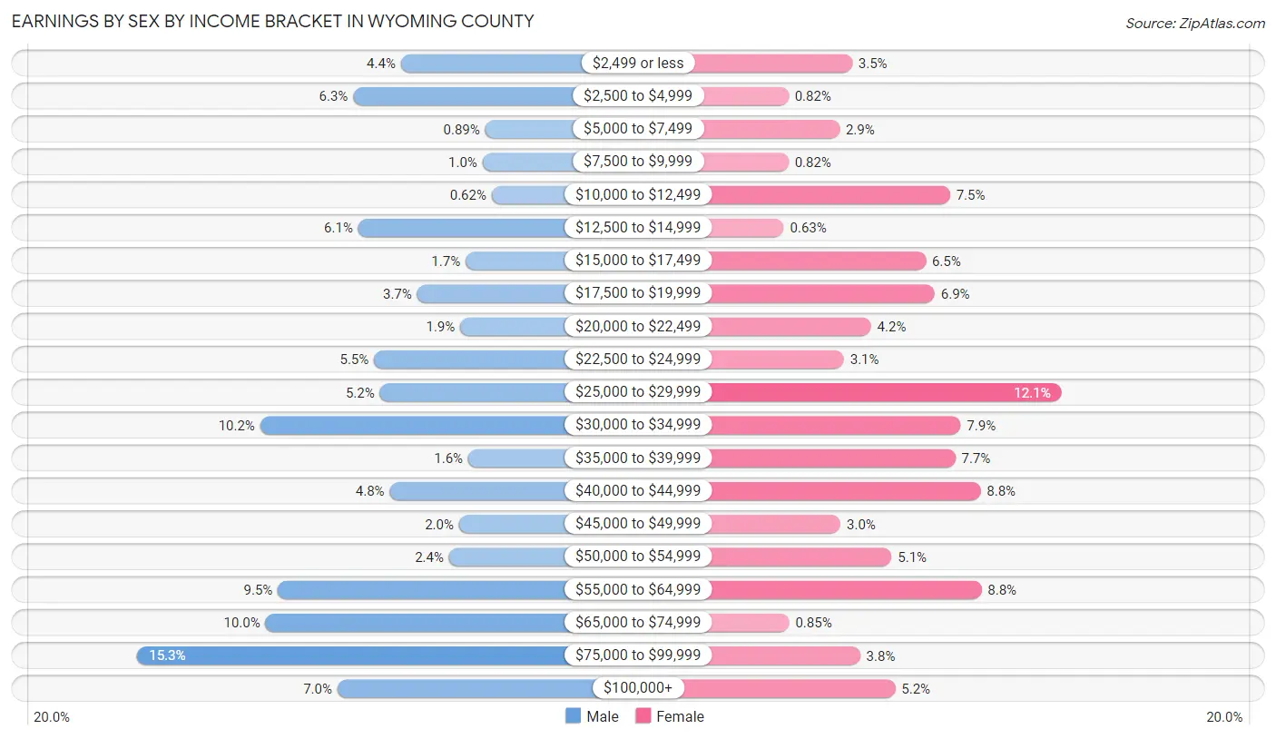Earnings by Sex by Income Bracket in Wyoming County