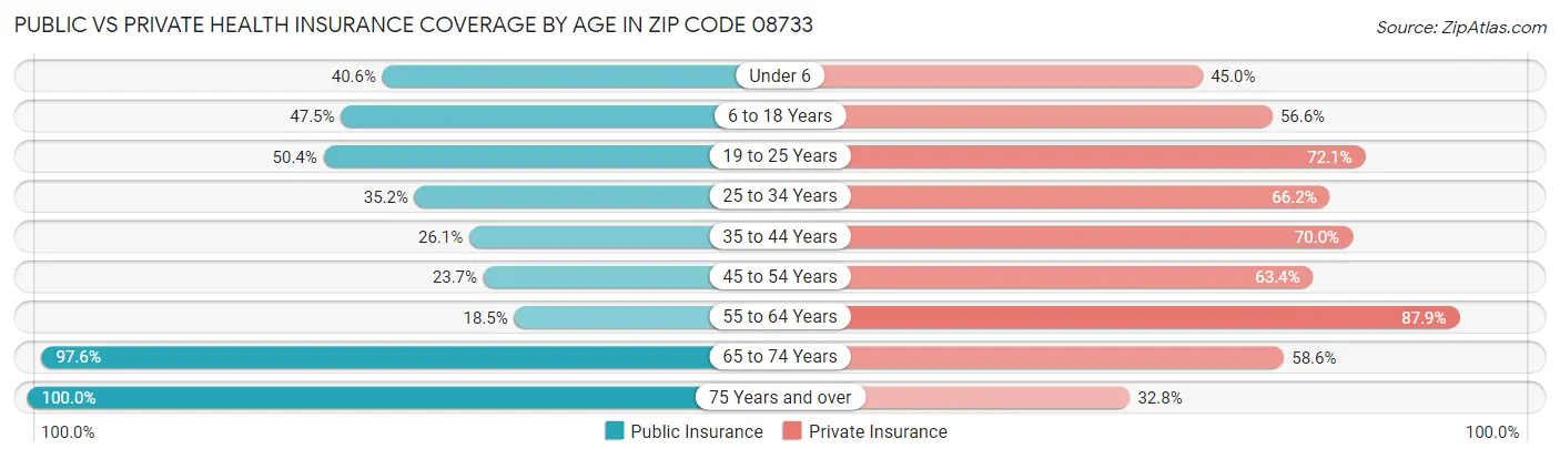 Public vs Private Health Insurance Coverage by Age in Zip Code 08733