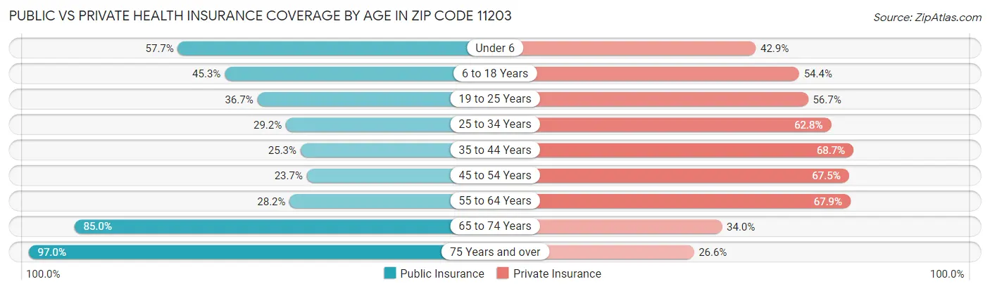 Public vs Private Health Insurance Coverage by Age in Zip Code 11203