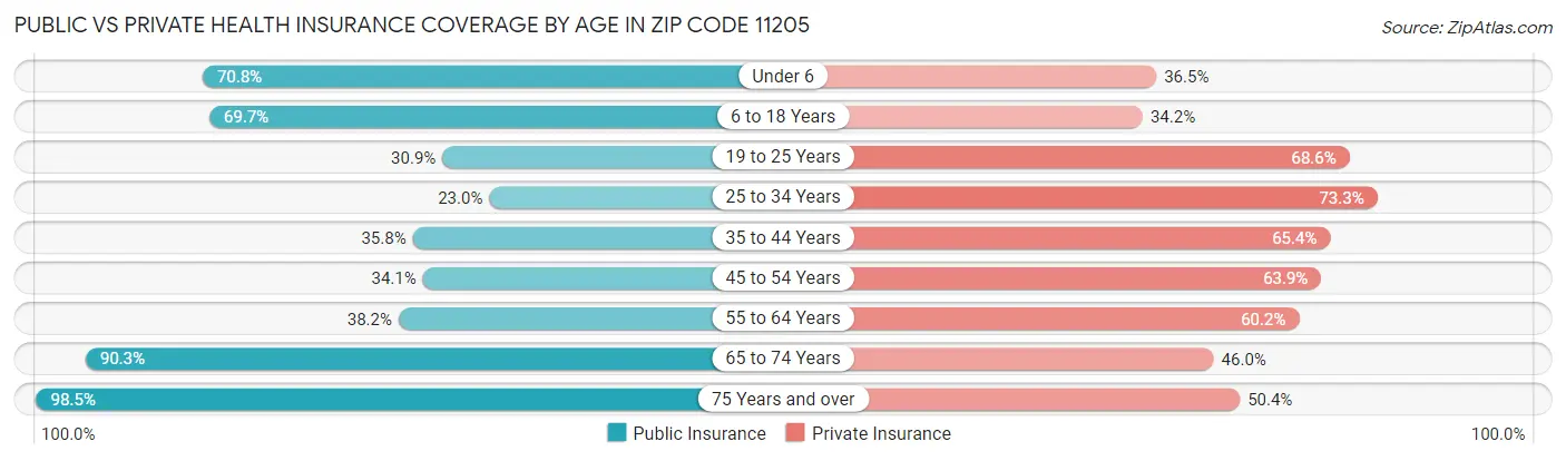 Public vs Private Health Insurance Coverage by Age in Zip Code 11205