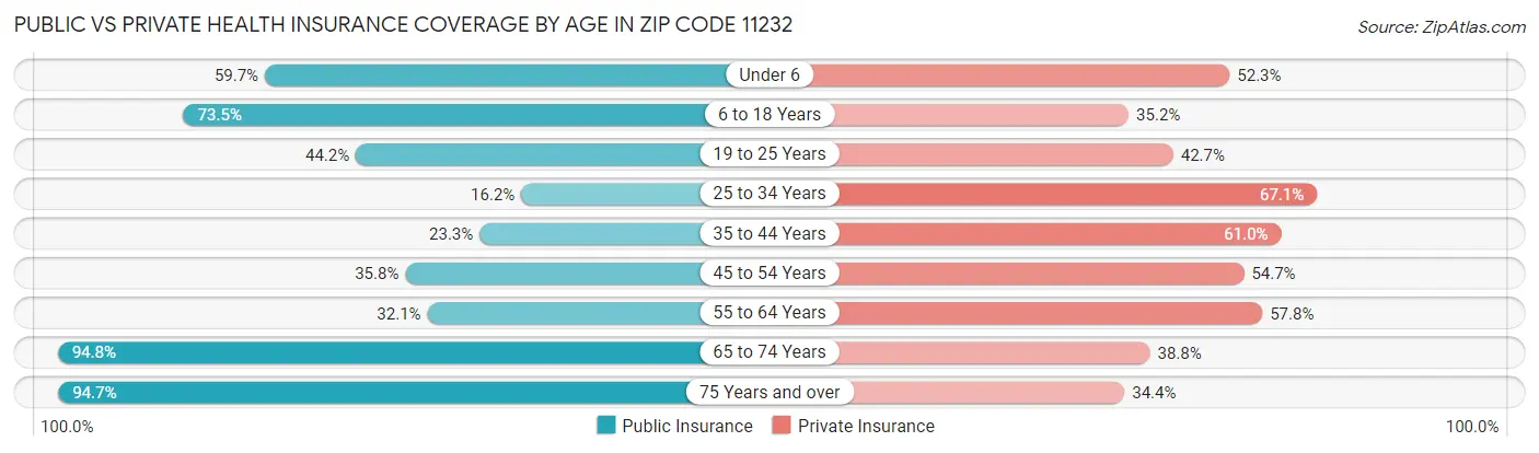 Public vs Private Health Insurance Coverage by Age in Zip Code 11232