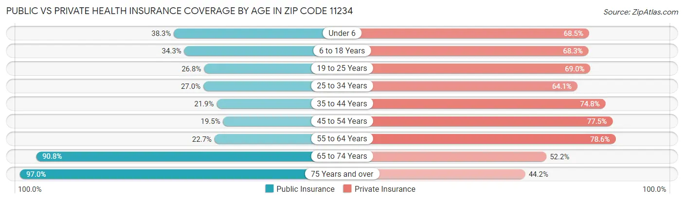 Public vs Private Health Insurance Coverage by Age in Zip Code 11234