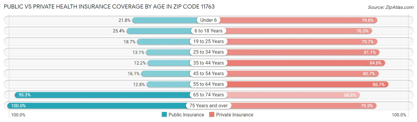 Public vs Private Health Insurance Coverage by Age in Zip Code 11763
