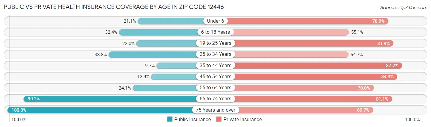 Public vs Private Health Insurance Coverage by Age in Zip Code 12446
