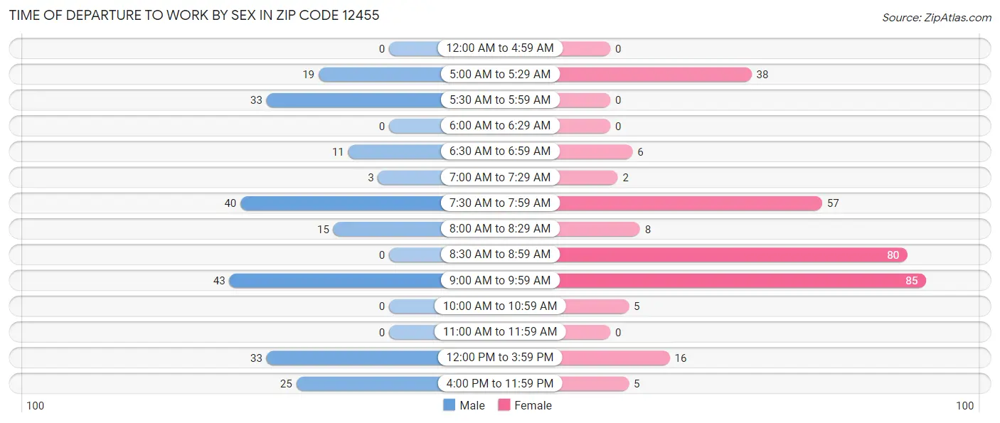 Time of Departure to Work by Sex in Zip Code 12455