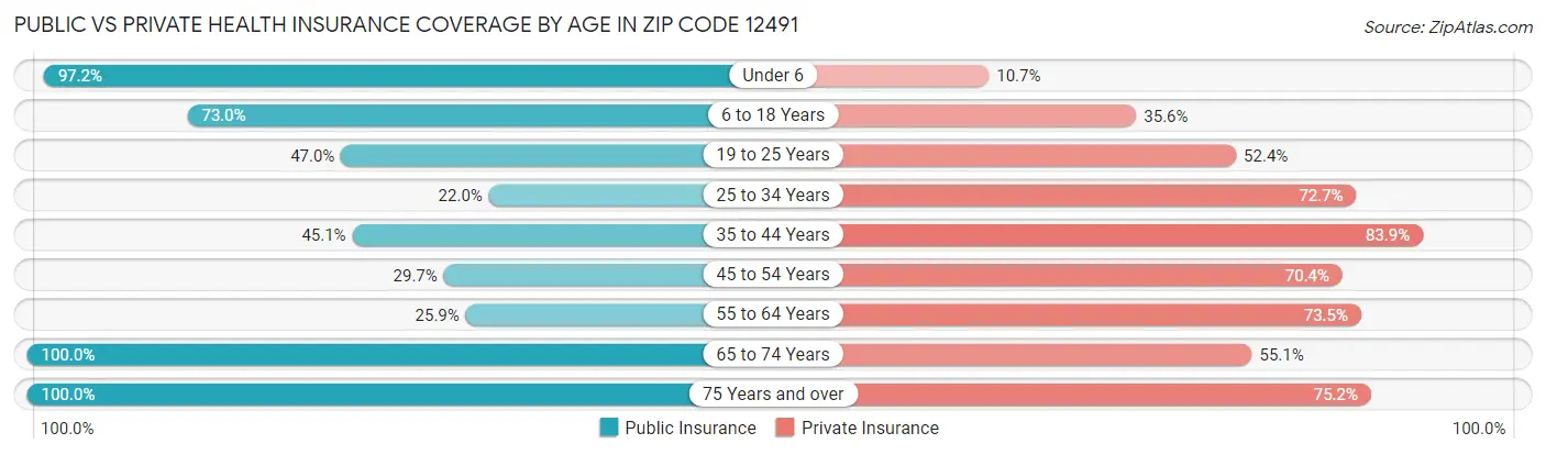Public vs Private Health Insurance Coverage by Age in Zip Code 12491