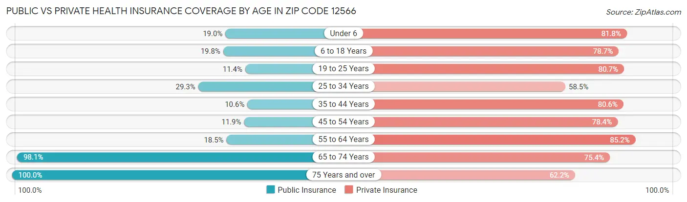 Public vs Private Health Insurance Coverage by Age in Zip Code 12566