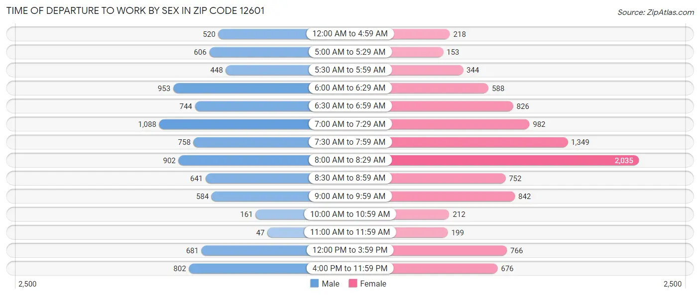 Time of Departure to Work by Sex in Zip Code 12601