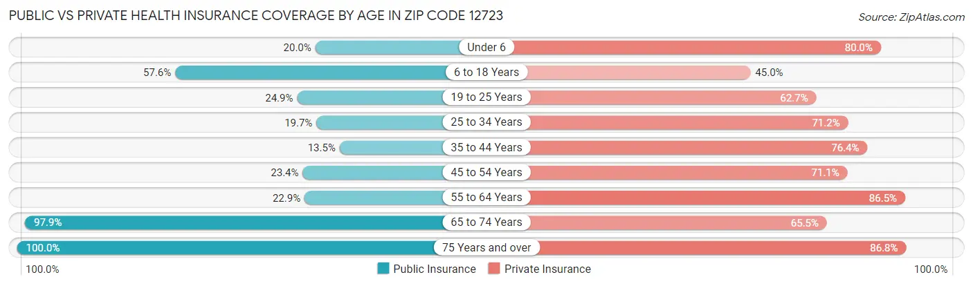 Public vs Private Health Insurance Coverage by Age in Zip Code 12723